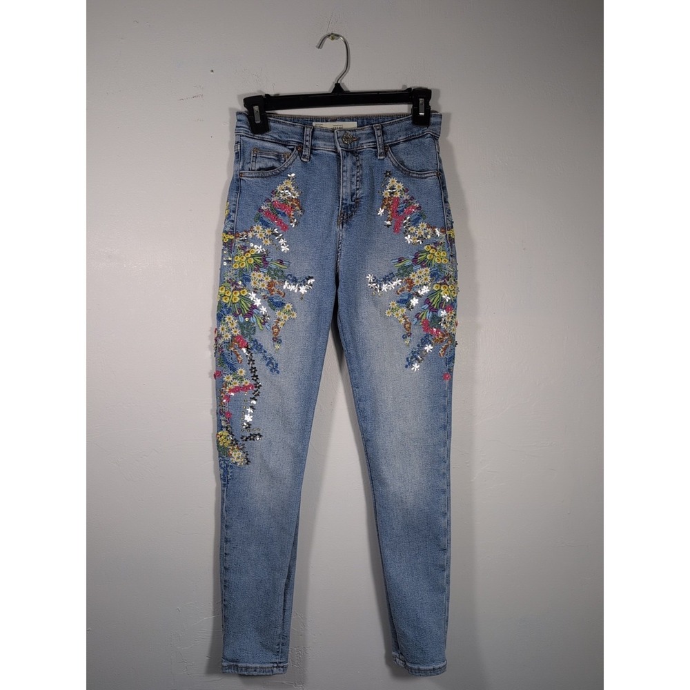 Topshop Moto Jamie Jeans W26 Blue Embroidered Floral Skinny Cropped Women's